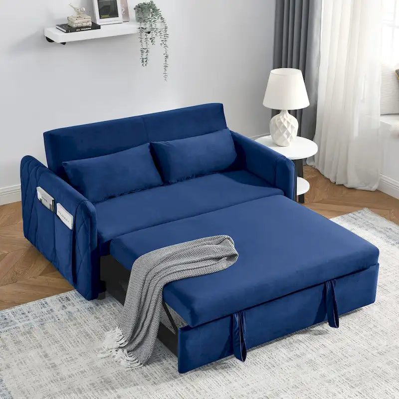 Canapé-lit Causeuse Velours Gris / Bleu / Noir avec Dossier 3 Positions et 2 Oreillers - 2 Places