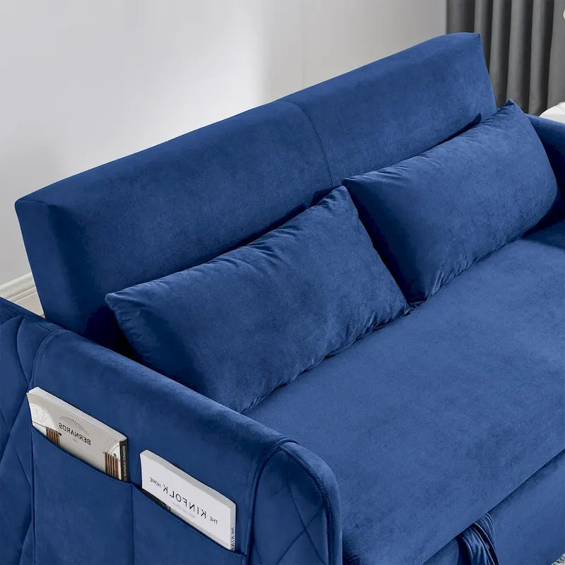 Canapé-lit Causeuse Velours Gris / Bleu / Noir avec Dossier 3 Positions et 2 Oreillers - 2 Places