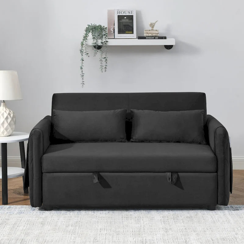 Canapé-lit Causeuse Velours Gris / Bleu / Noir avec Dossier 3 Positions et 2 Oreillers - 2 Places