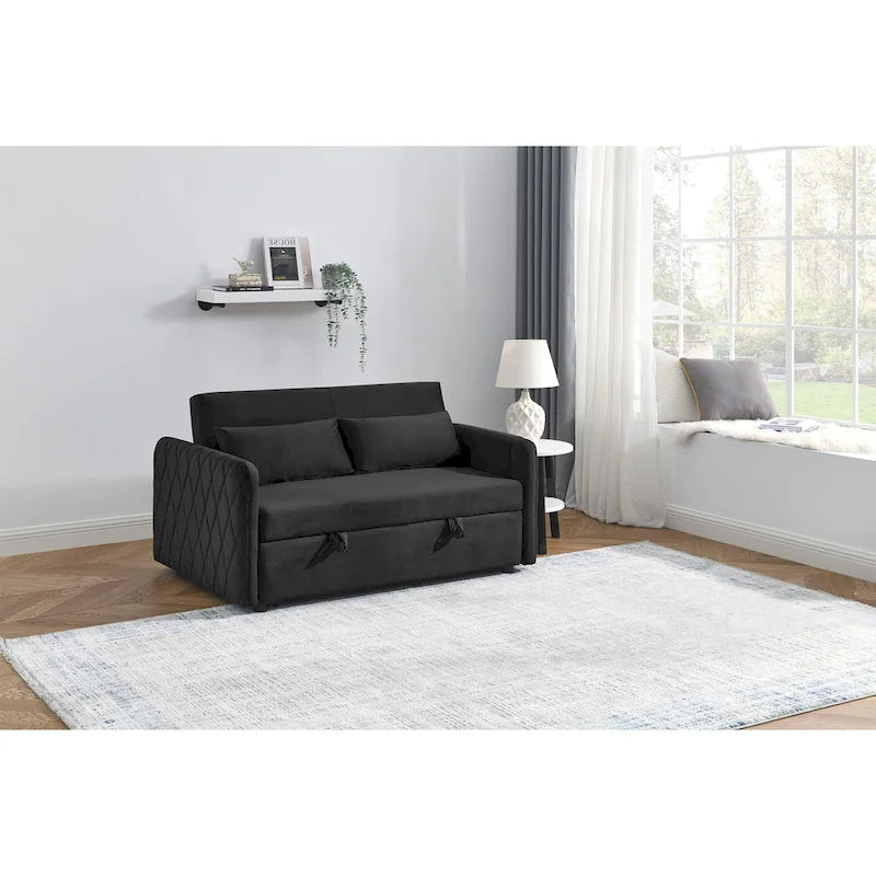 Canapé-lit Causeuse Velours Gris / Bleu / Noir avec Dossier 3 Positions et 2 Oreillers - 2 Places