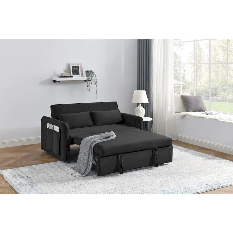 Canapé-lit Causeuse Velours Gris / Bleu / Noir avec Dossier 3 Positions et 2 Oreillers - 2 Places