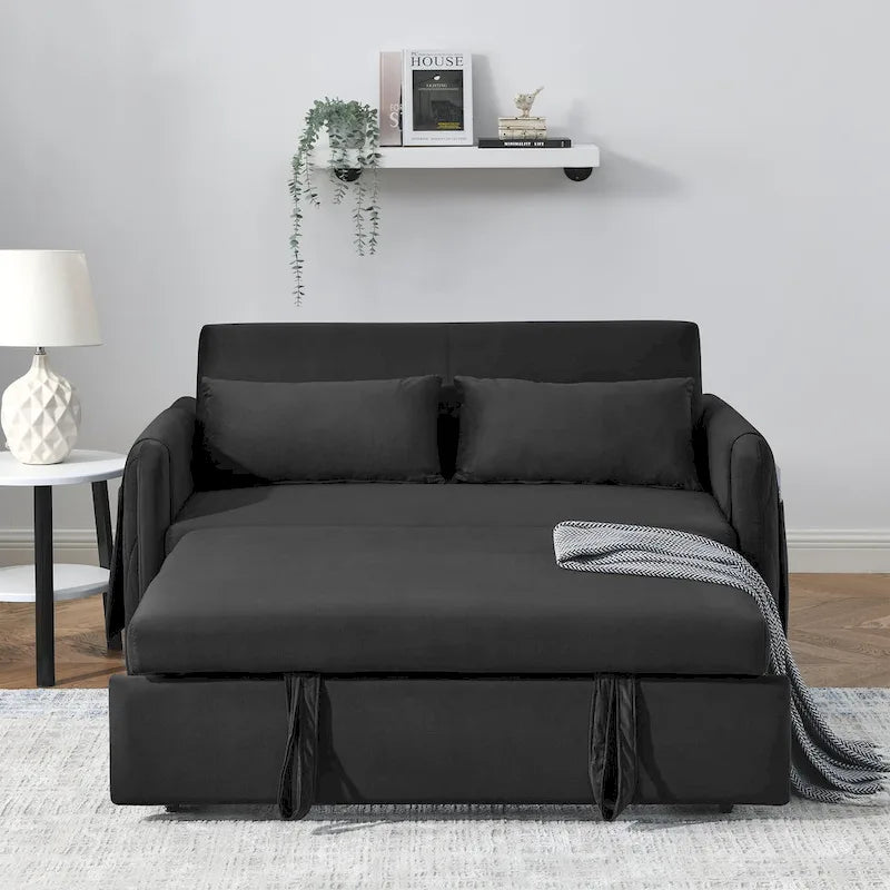 Canapé-lit Causeuse Velours Gris / Bleu / Noir avec Dossier 3 Positions et 2 Oreillers - 2 Places
