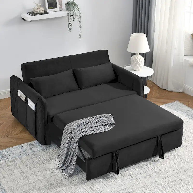 Canapé-lit Causeuse Velours Gris / Bleu / Noir avec Dossier 3 Positions et 2 Oreillers - 2 Places