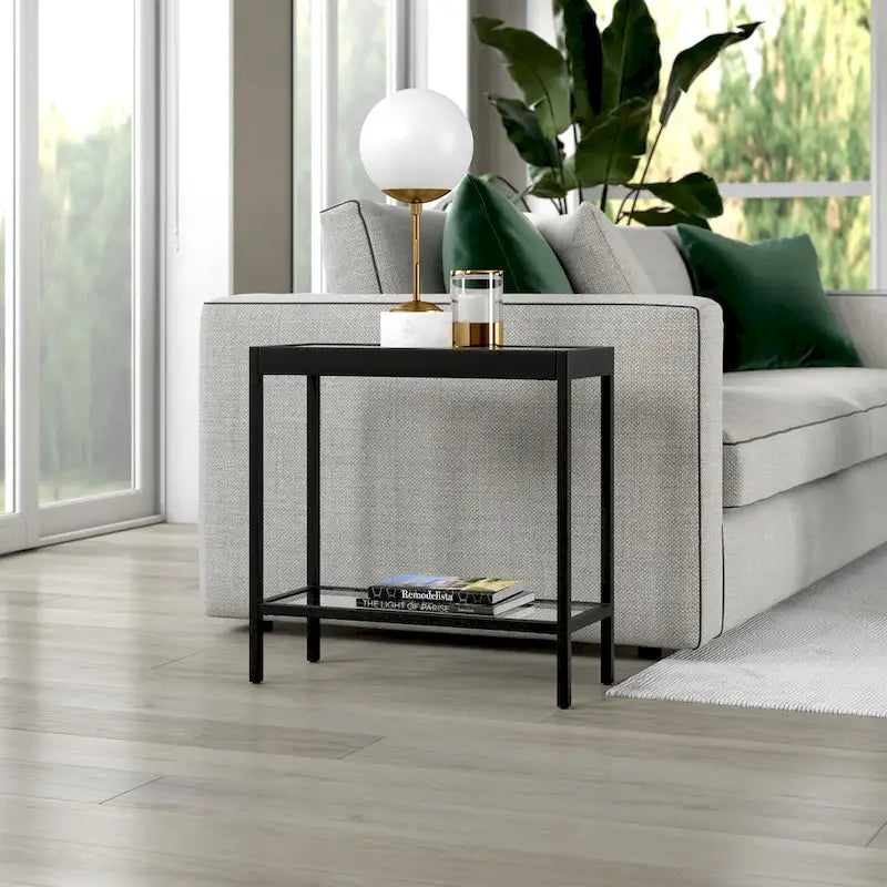 Table d'appoint rectangulaire en bronze noirci / laiton / nickel satiné avec plateau et étagère en verre trempé