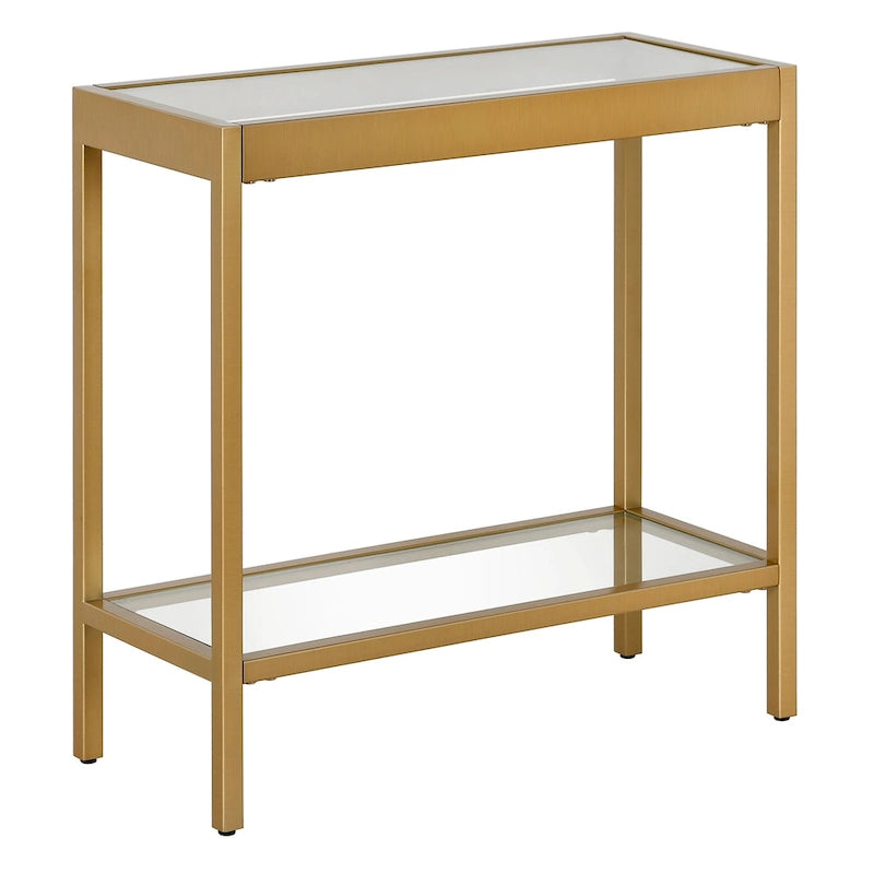 Table d'appoint rectangulaire en bronze noirci / laiton / nickel satiné avec plateau et étagère en verre trempé