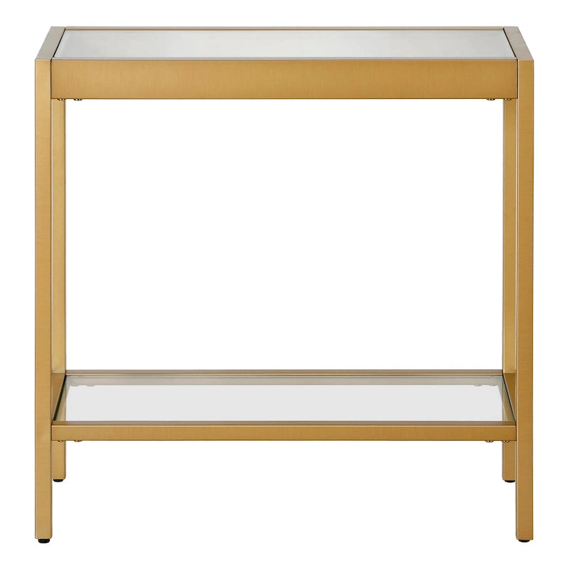 Table d'appoint rectangulaire en bronze noirci / laiton / nickel satiné avec plateau et étagère en verre trempé