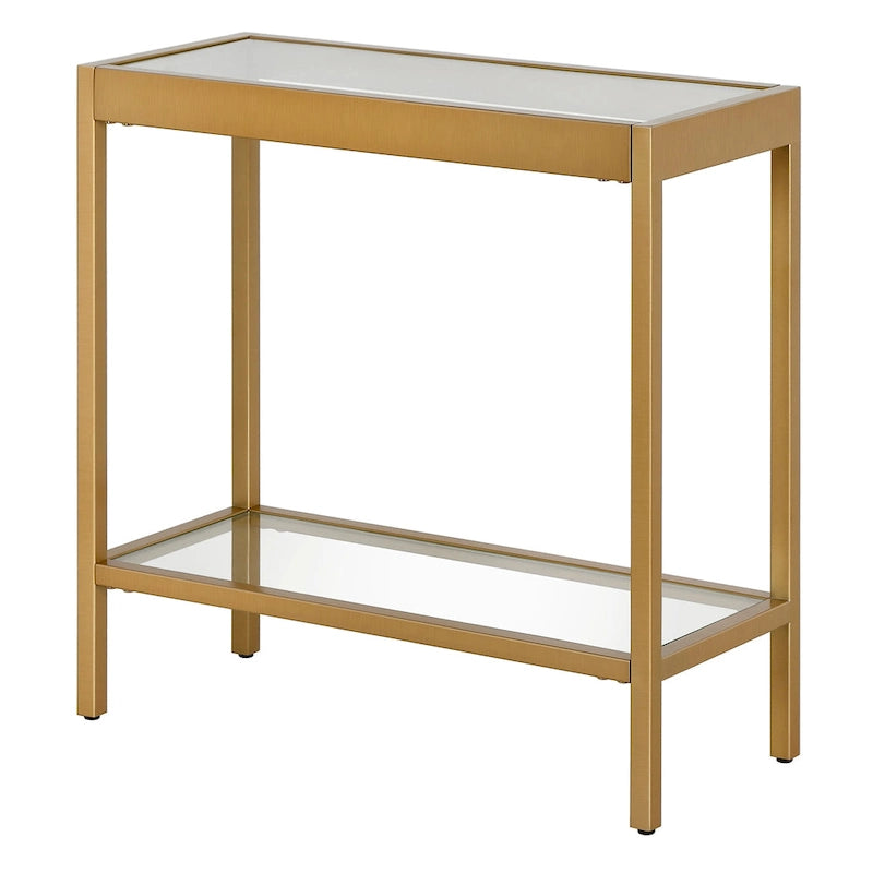 Table d'appoint rectangulaire en bronze noirci / laiton / nickel satiné avec plateau et étagère en verre trempé