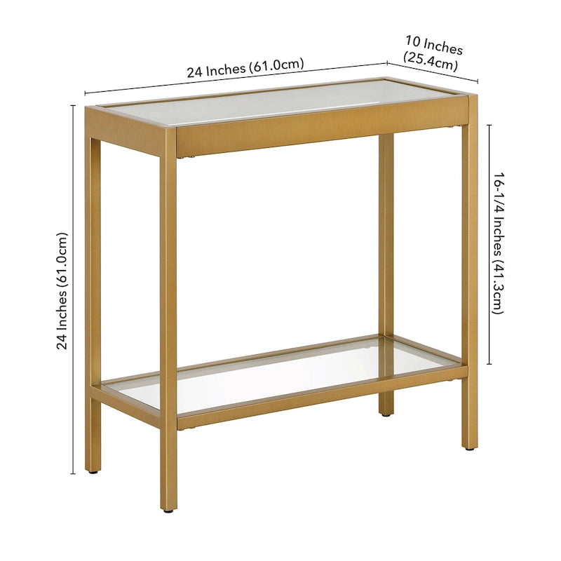 Table d'appoint rectangulaire en bronze noirci / laiton / nickel satiné avec plateau et étagère en verre trempé