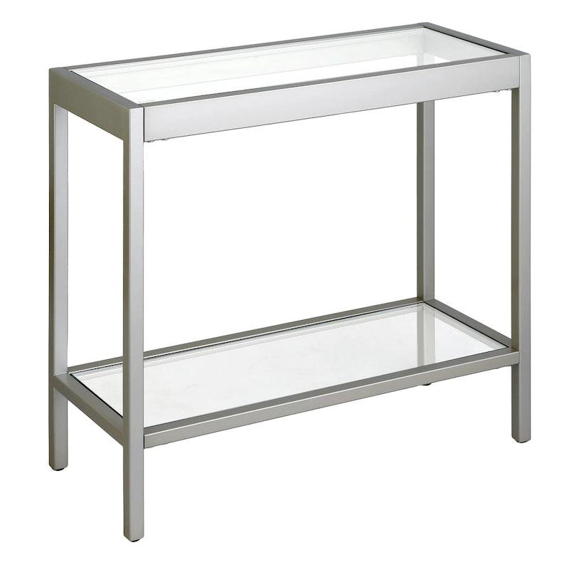 Table d'appoint rectangulaire en bronze noirci / laiton / nickel satiné avec plateau et étagère en verre trempé