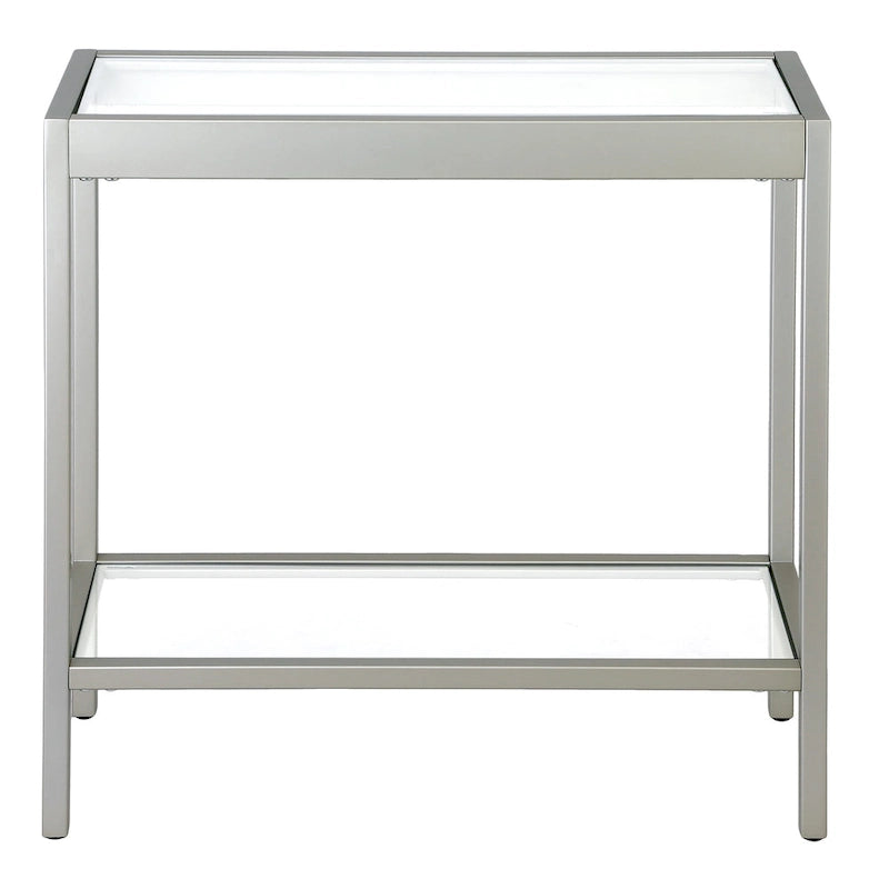 Table d'appoint rectangulaire en bronze noirci / laiton / nickel satiné avec plateau et étagère en verre trempé