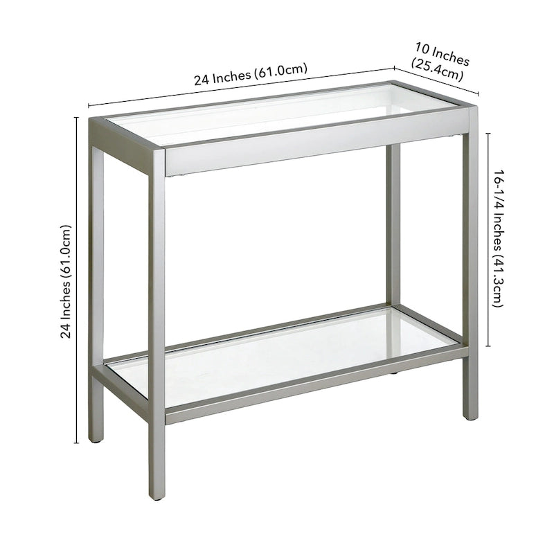 Table d'appoint rectangulaire en bronze noirci / laiton / nickel satiné avec plateau et étagère en verre trempé