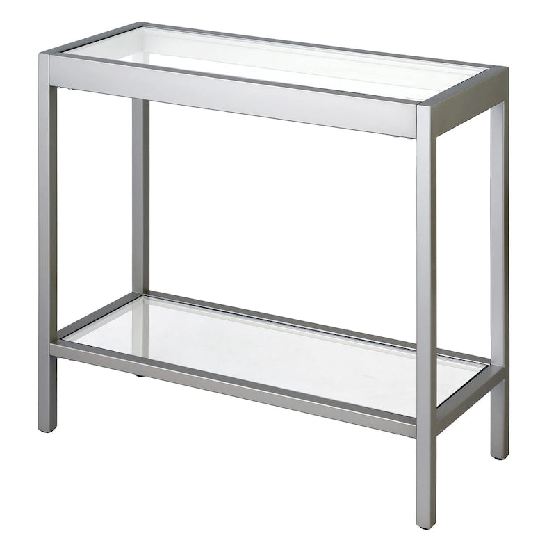 Table d'appoint rectangulaire en bronze noirci / laiton / nickel satiné avec plateau et étagère en verre trempé