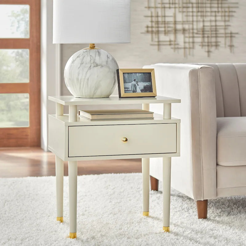 Table d'appoint mi-siècle blanc antique/noyer/rose poudré avec 1 tiroir et étagère surélevée