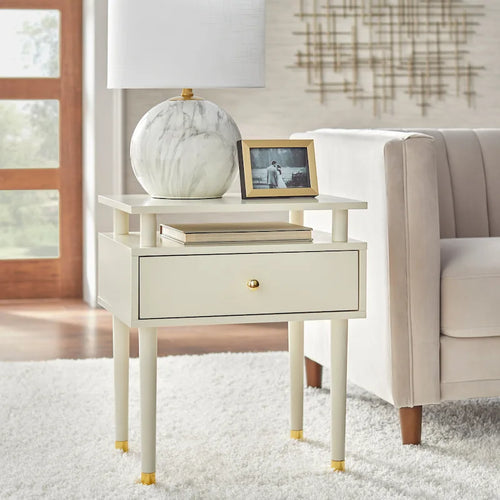 Table d'appoint mi-siècle blanc antique/noyer/rose poudré avec 1 tiroir et étagère surélevée