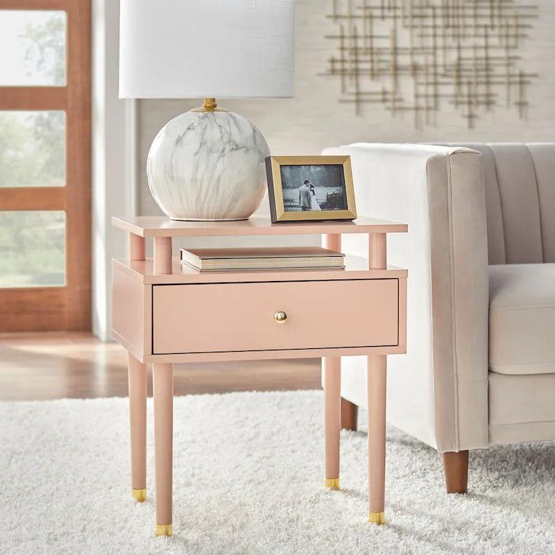 Table d'appoint mi-siècle blanc antique/noyer/rose poudré avec 1 tiroir et étagère surélevée