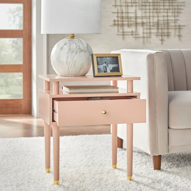 Table d'appoint mi-siècle blanc antique/noyer/rose poudré avec 1 tiroir et étagère surélevée