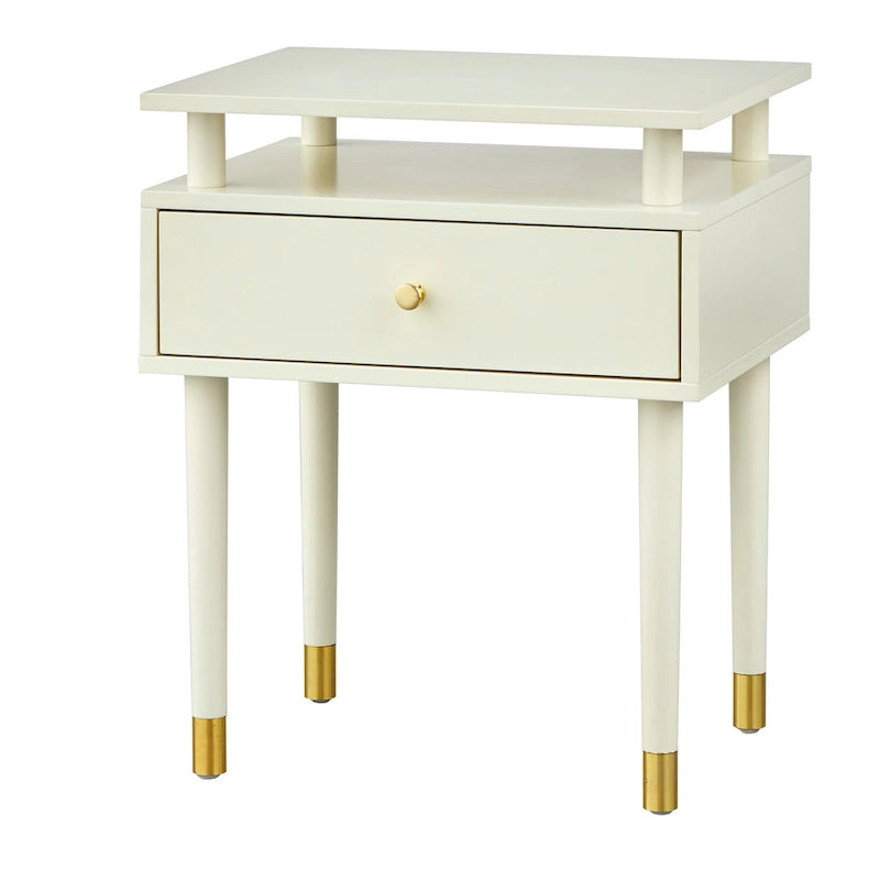 Table d'appoint mi-siècle blanc antique/noyer/rose poudré avec 1 tiroir et étagère surélevée