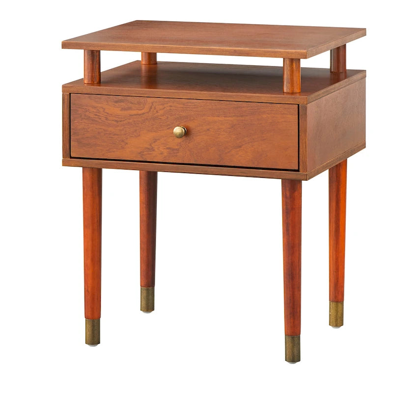 Table d'appoint mi-siècle blanc antique/noyer/rose poudré avec 1 tiroir et étagère surélevée
