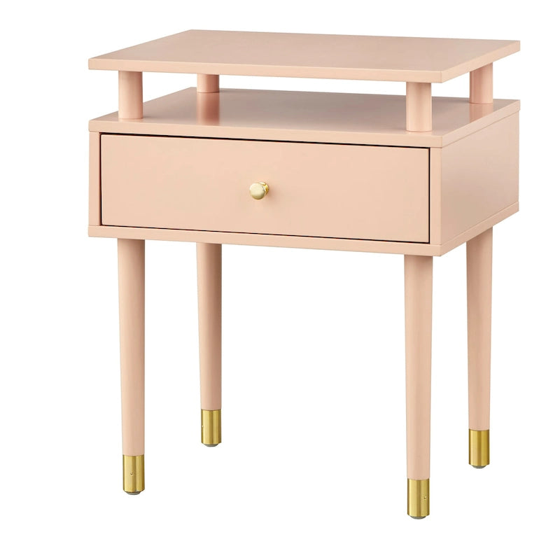 Table d'appoint mi-siècle blanc antique/noyer/rose poudré avec 1 tiroir et étagère surélevée