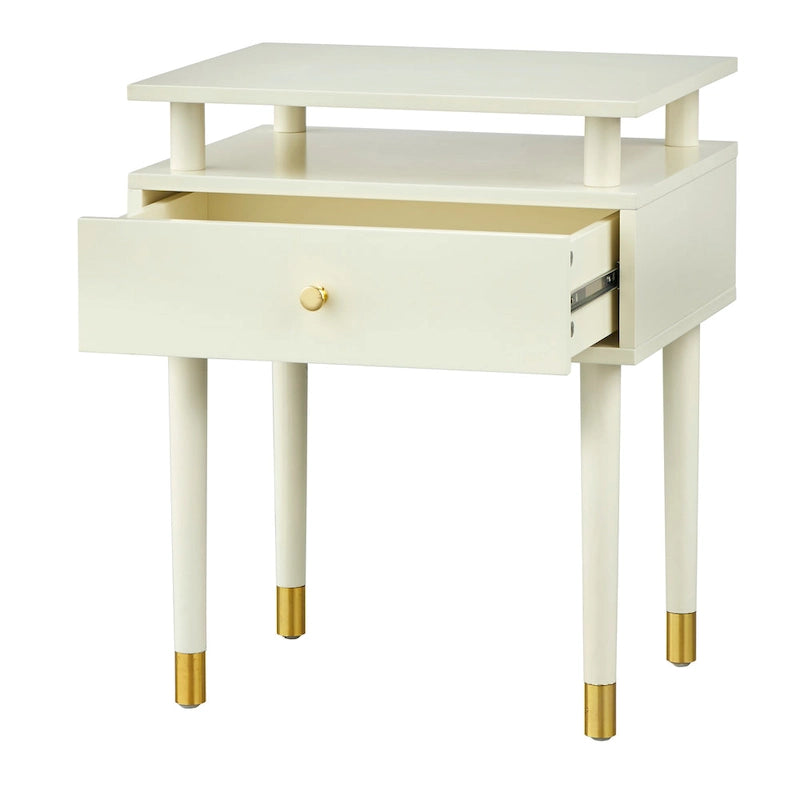 Table d'appoint mi-siècle blanc antique/noyer/rose poudré avec 1 tiroir et étagère surélevée