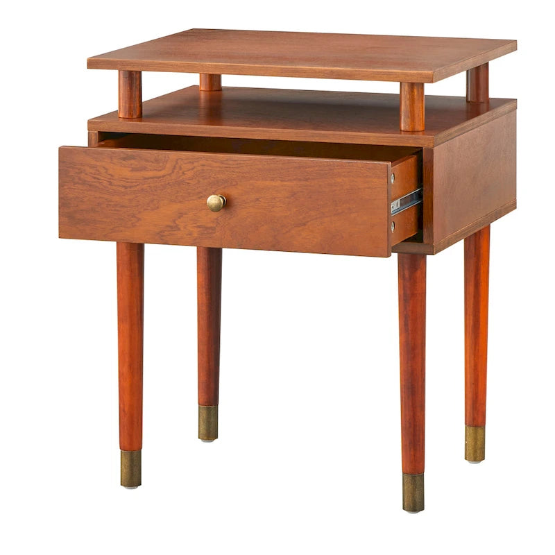 Table d'appoint mi-siècle blanc antique/noyer/rose poudré avec 1 tiroir et étagère surélevée