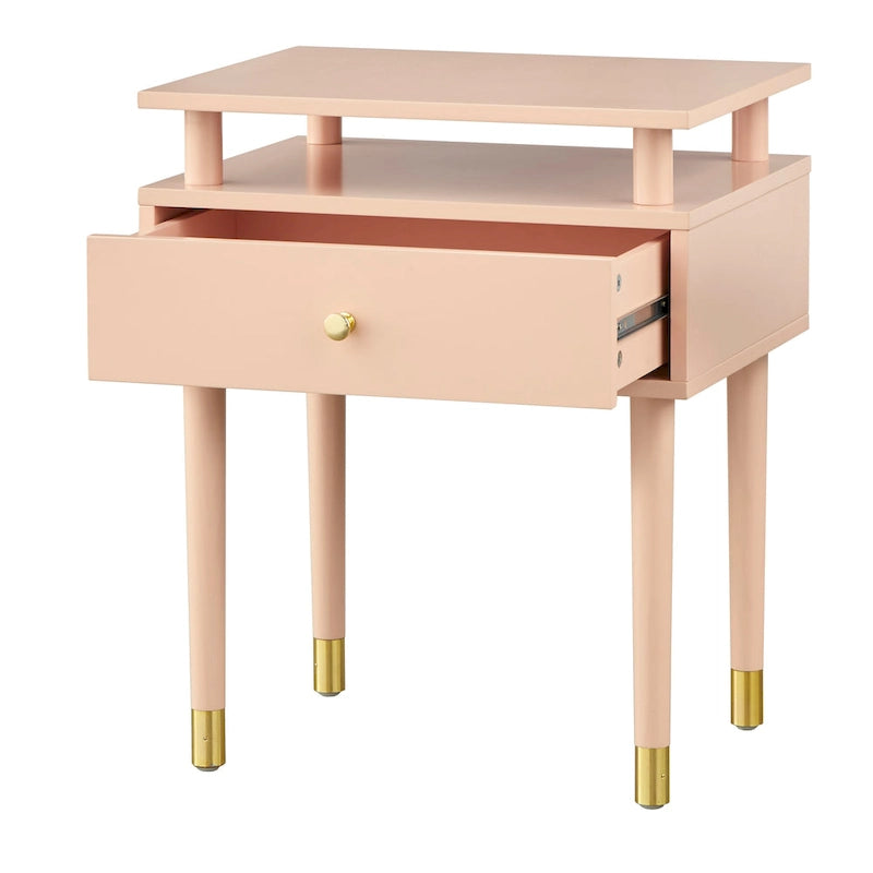 Table d'appoint mi-siècle blanc antique/noyer/rose poudré avec 1 tiroir et étagère surélevée