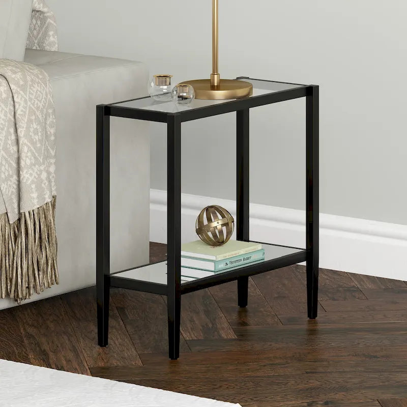Table d'appoint rectangulaire avec plateau en verre trempé et étagère inférieure en miroir, Bronze noirci / Laiton antique, Style contemporain, Usage domestique