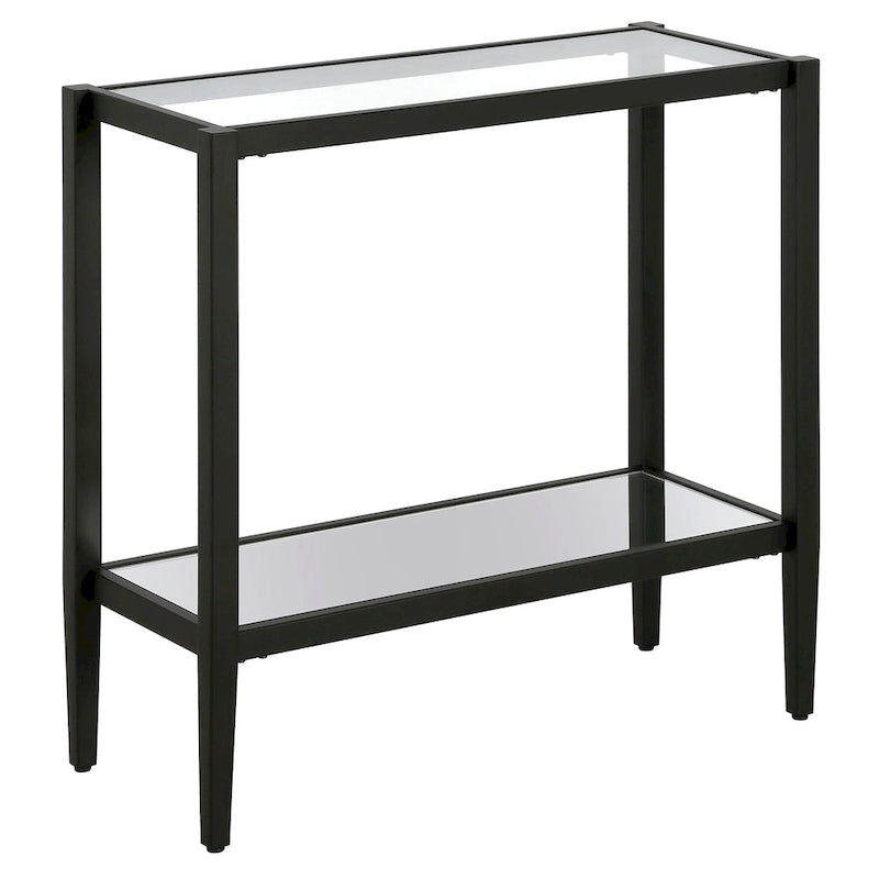 Table d'appoint rectangulaire avec plateau en verre trempé et étagère inférieure en miroir, Bronze noirci / Laiton antique, Style contemporain, Usage domestique
