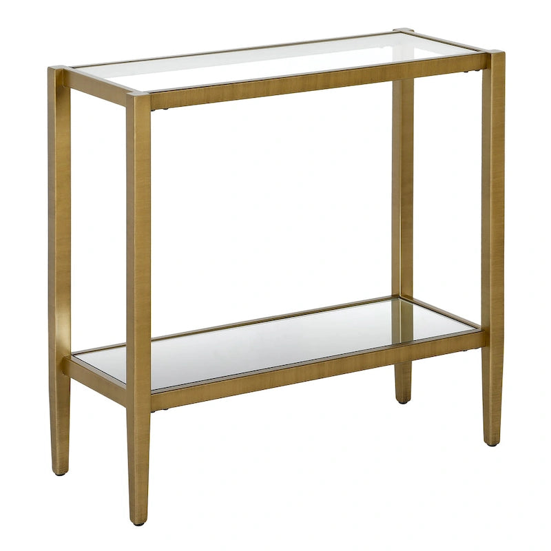 Table d'appoint rectangulaire avec plateau en verre trempé et étagère inférieure en miroir, Bronze noirci / Laiton antique, Style contemporain, Usage domestique