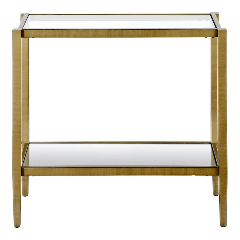 Table d'appoint rectangulaire avec plateau en verre trempé et étagère inférieure en miroir, Bronze noirci / Laiton antique, Style contemporain, Usage domestique