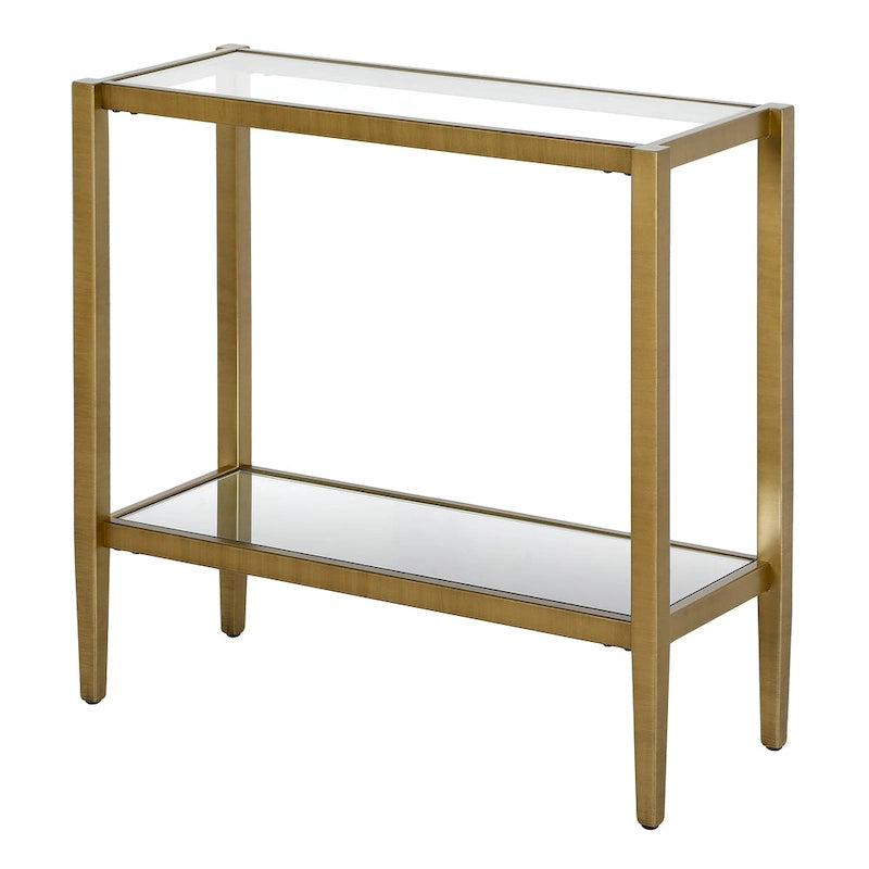 Table d'appoint rectangulaire avec plateau en verre trempé et étagère inférieure en miroir, Bronze noirci / Laiton antique, Style contemporain, Usage domestique