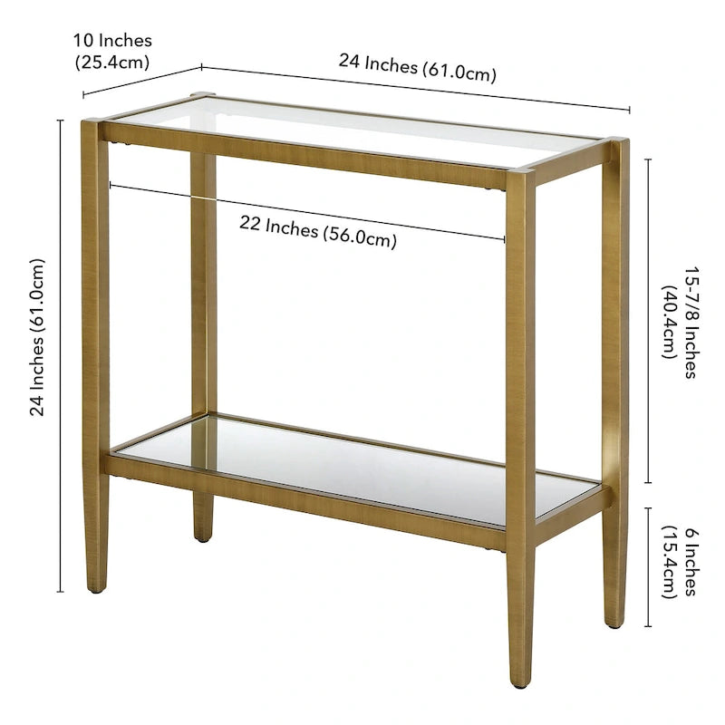 Table d'appoint rectangulaire avec plateau en verre trempé et étagère inférieure en miroir, Bronze noirci / Laiton antique, Style contemporain, Usage domestique