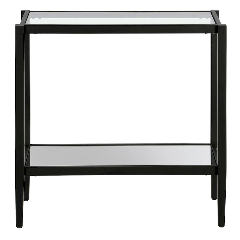 Table d'appoint rectangulaire avec plateau en verre trempé et étagère inférieure en miroir, Bronze noirci / Laiton antique, Style contemporain, Usage domestique