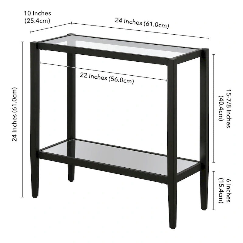 Table d'appoint rectangulaire avec plateau en verre trempé et étagère inférieure en miroir, Bronze noirci / Laiton antique, Style contemporain, Usage domestique