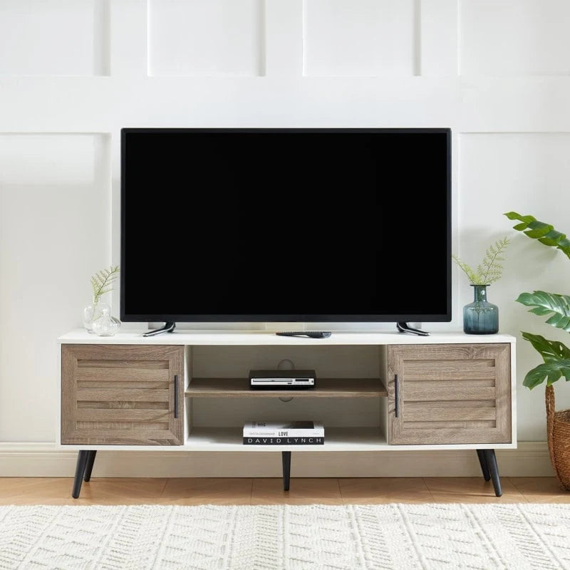 Meuble TV moderne Mid-Century en Blanc cassé/Chêne rustique/Noyer foncé avec rangement fermé - Convient aux téléviseurs jusqu'à 70 po.