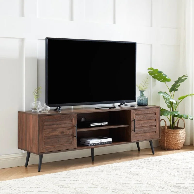 Meuble TV moderne Mid-Century en Blanc cassé/Chêne rustique/Noyer foncé avec rangement fermé - Convient aux téléviseurs jusqu'à 70 po.