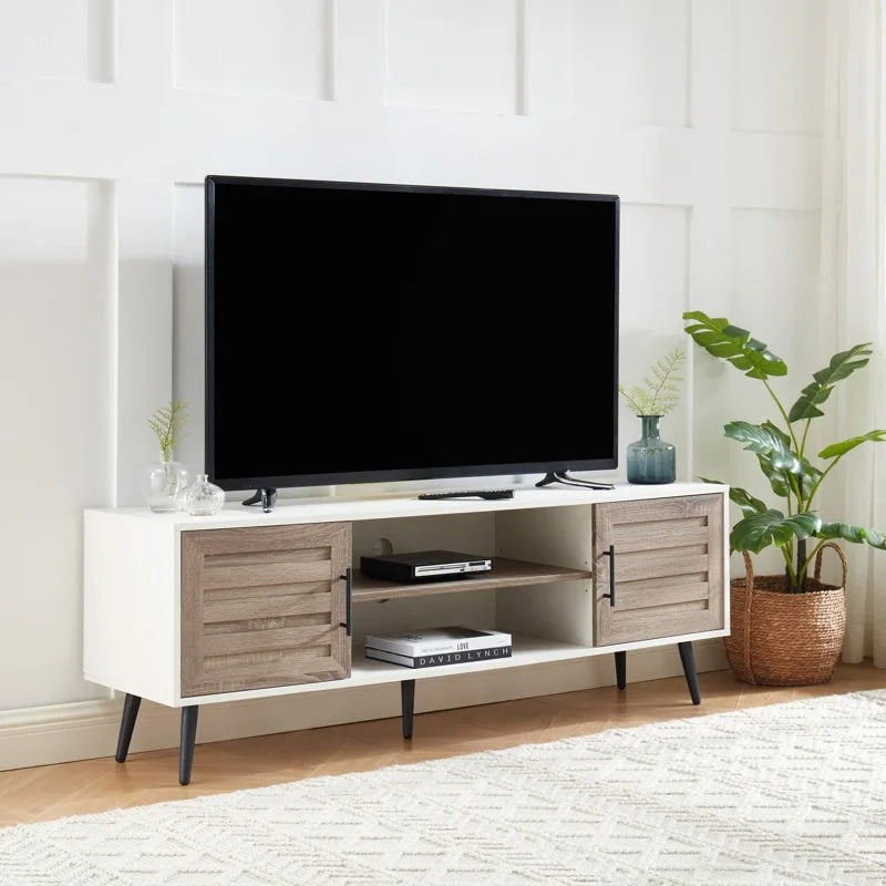 Meuble TV moderne Mid-Century en Blanc cassé/Chêne rustique/Noyer foncé avec rangement fermé - Convient aux téléviseurs jusqu'à 70 po.