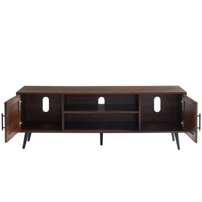 Meuble TV moderne Mid-Century en Blanc cassé/Chêne rustique/Noyer foncé avec rangement fermé - Convient aux téléviseurs jusqu'à 70 po.