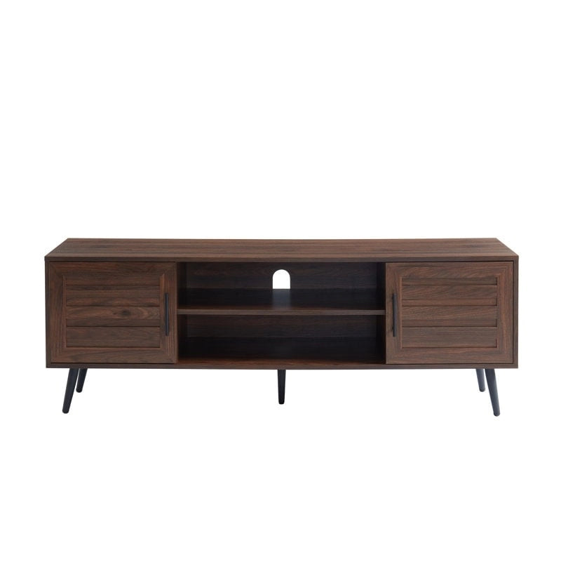 Meuble TV moderne Mid-Century en Blanc cassé/Chêne rustique/Noyer foncé avec rangement fermé - Convient aux téléviseurs jusqu'à 70 po.
