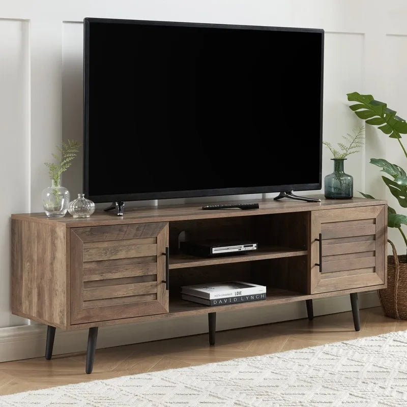 Meuble TV moderne Mid-Century en Blanc cassé/Chêne rustique/Noyer foncé avec rangement fermé - Convient aux téléviseurs jusqu'à 70 po.
