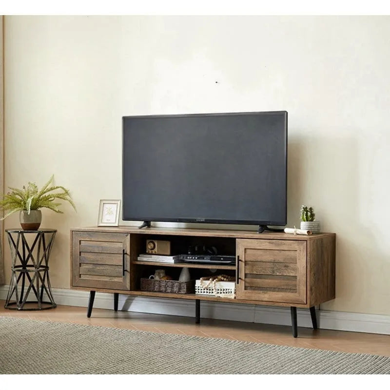 Meuble TV moderne Mid-Century en Blanc cassé/Chêne rustique/Noyer foncé avec rangement fermé - Convient aux téléviseurs jusqu'à 70 po.