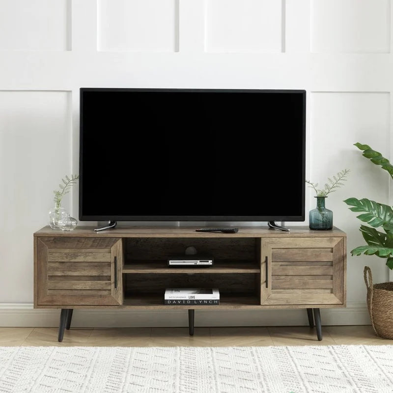 Meuble TV moderne Mid-Century en Blanc cassé/Chêne rustique/Noyer foncé avec rangement fermé - Convient aux téléviseurs jusqu'à 70 po.
