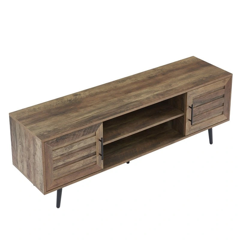 Meuble TV moderne Mid-Century en Blanc cassé/Chêne rustique/Noyer foncé avec rangement fermé - Convient aux téléviseurs jusqu'à 70 po.