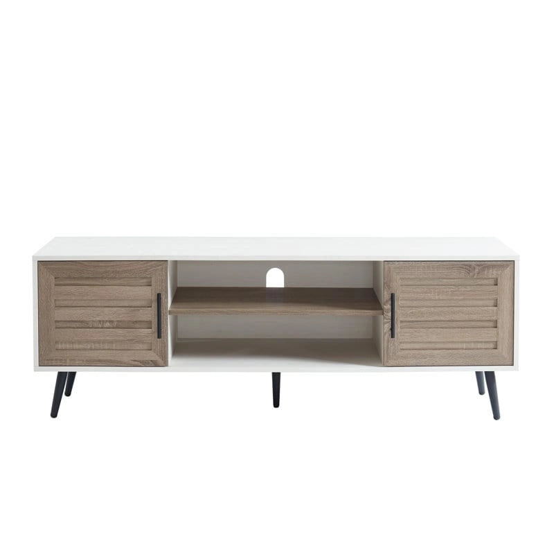 Meuble TV moderne Mid-Century en Blanc cassé/Chêne rustique/Noyer foncé avec rangement fermé - Convient aux téléviseurs jusqu'à 70 po.