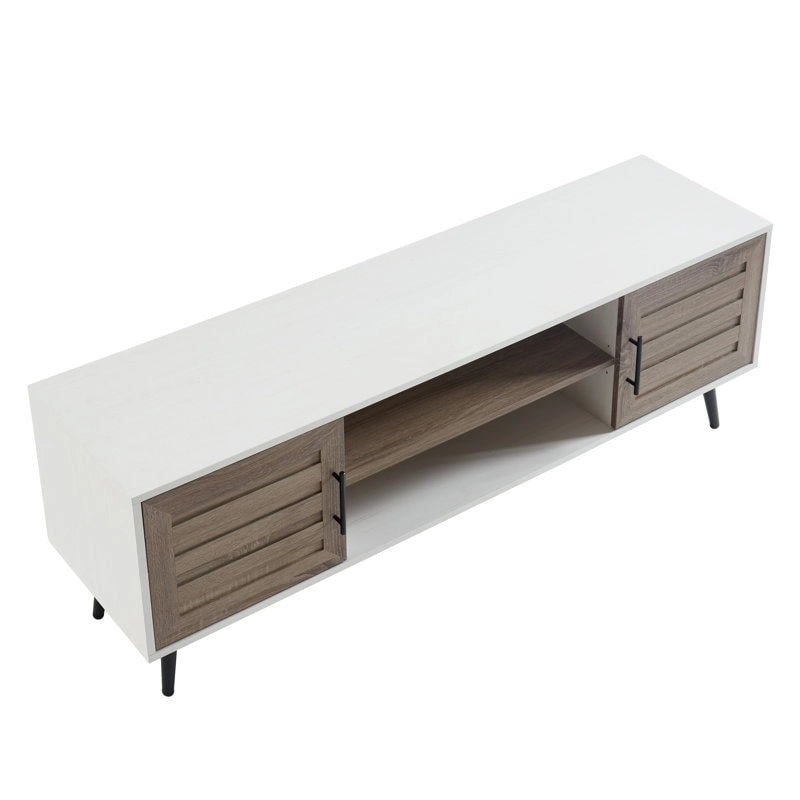 Meuble TV moderne Mid-Century en Blanc cassé/Chêne rustique/Noyer foncé avec rangement fermé - Convient aux téléviseurs jusqu'à 70 po.