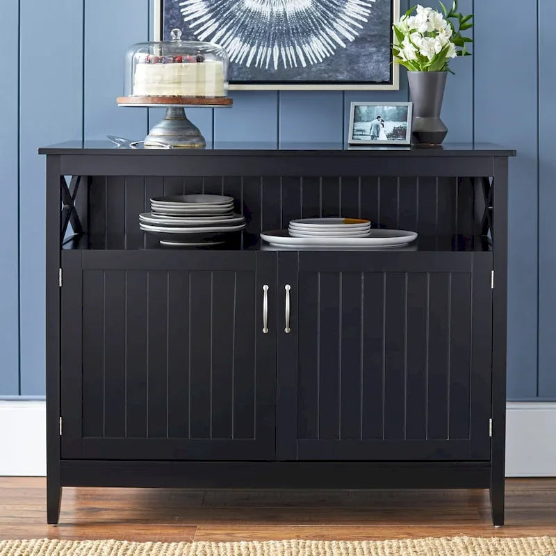 Buffet/Bahut 2 portes avec étagère ouverte, coloris Espresso / Noir / Blanc / Gris anthracite / Jaune