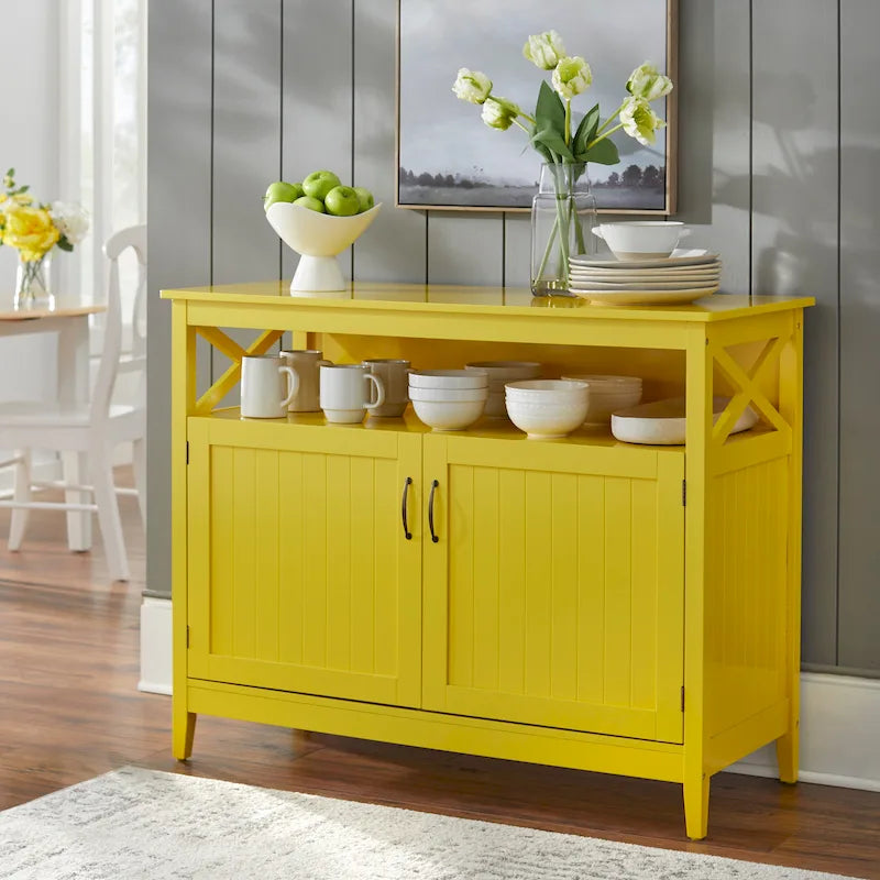 Buffet/Bahut 2 portes avec étagère ouverte, coloris Espresso / Noir / Blanc / Gris anthracite / Jaune