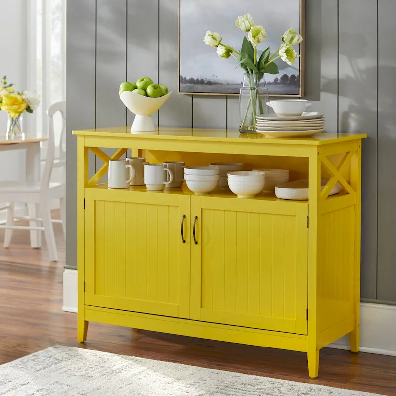 Buffet/Bahut 2 portes avec étagère ouverte, coloris Espresso / Noir / Blanc / Gris anthracite / Jaune