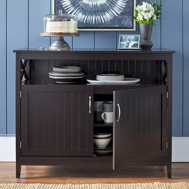 Buffet/Bahut 2 portes avec étagère ouverte, coloris Espresso / Noir / Blanc / Gris anthracite / Jaune
