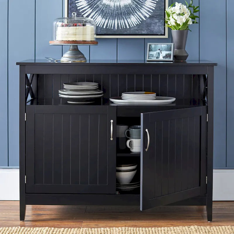 Buffet/Bahut 2 portes avec étagère ouverte, coloris Espresso / Noir / Blanc / Gris anthracite / Jaune